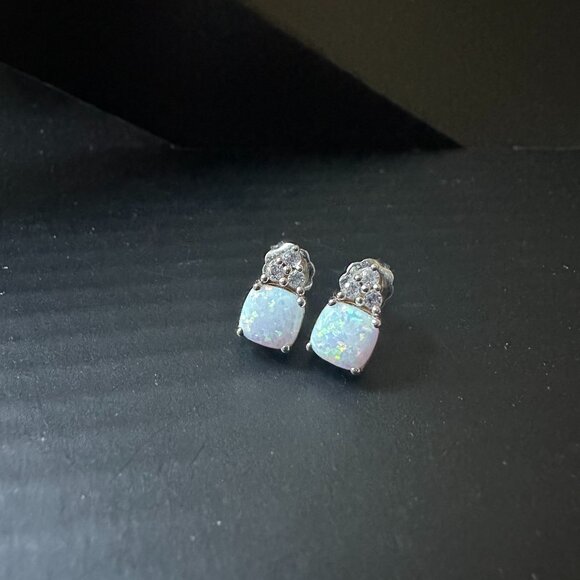 Opal Cubic Zirconia Earrings Studs .925 Sterling Brand New - Picture 1 of 3